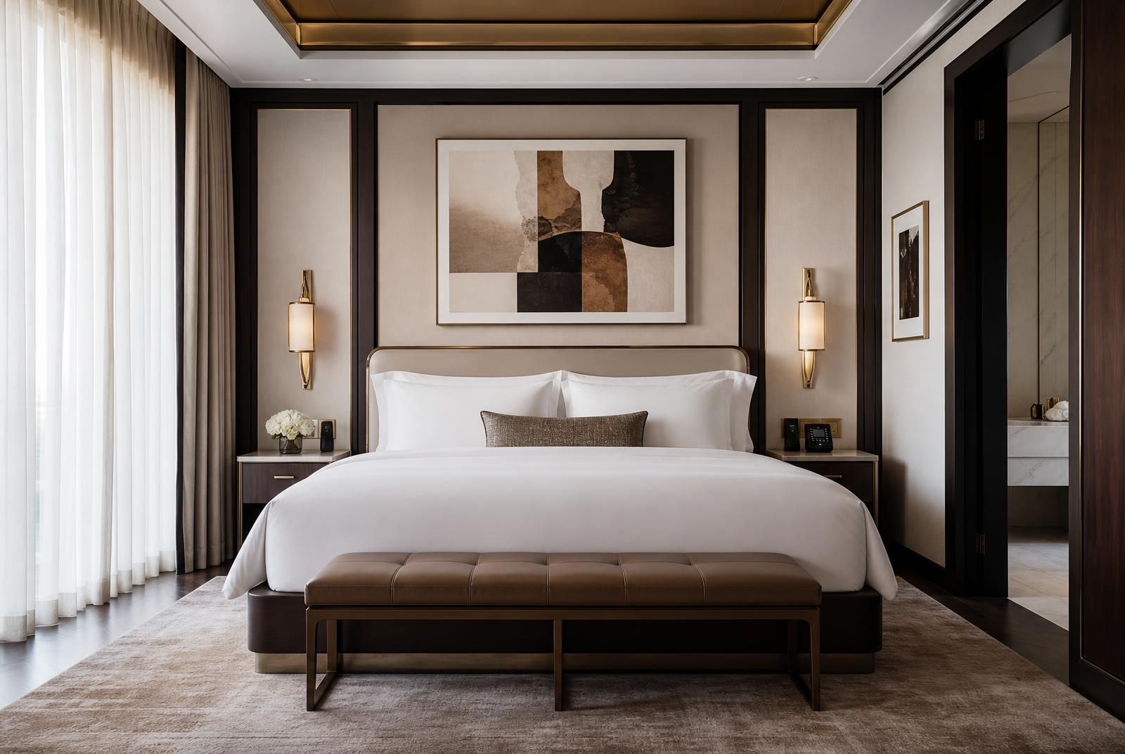 Luxe modern hotel guestroom with king bed and brass accents